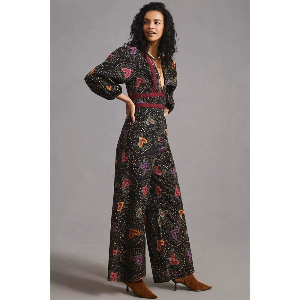 Anthropologie Farm Rio Deep-V Hearts Print Wide-Leg Jumpsuit Size Medium - Picture 3 of 7